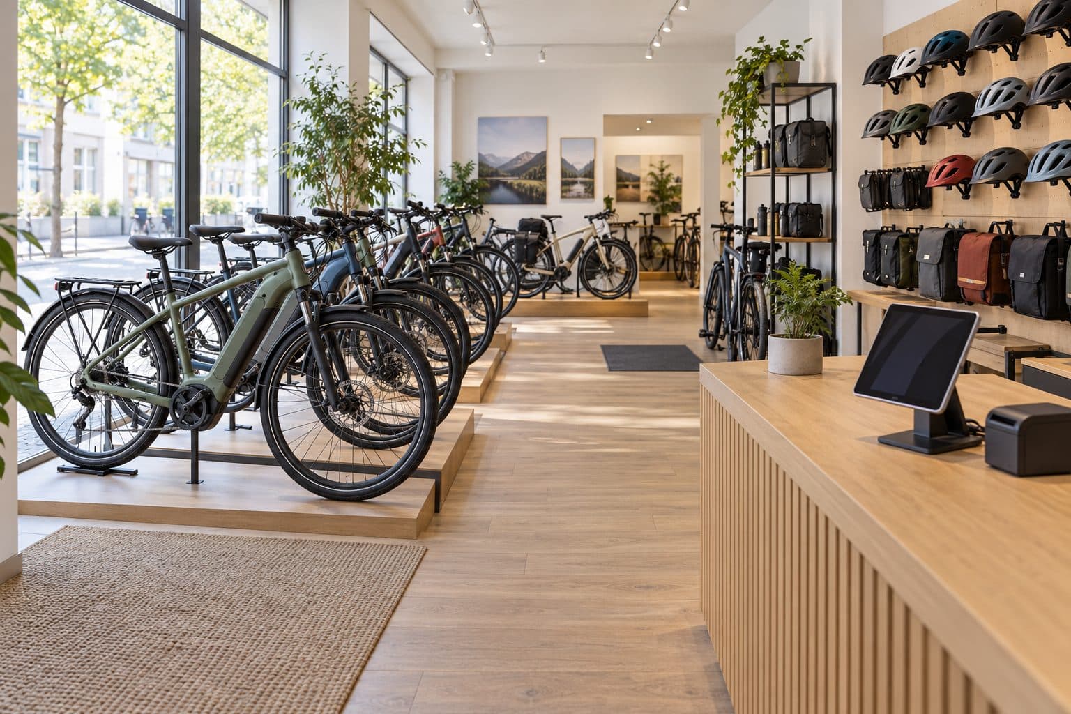 Verkaufsraum eines Fahrradladens mit Rädern, Helmwand und Ladentheke