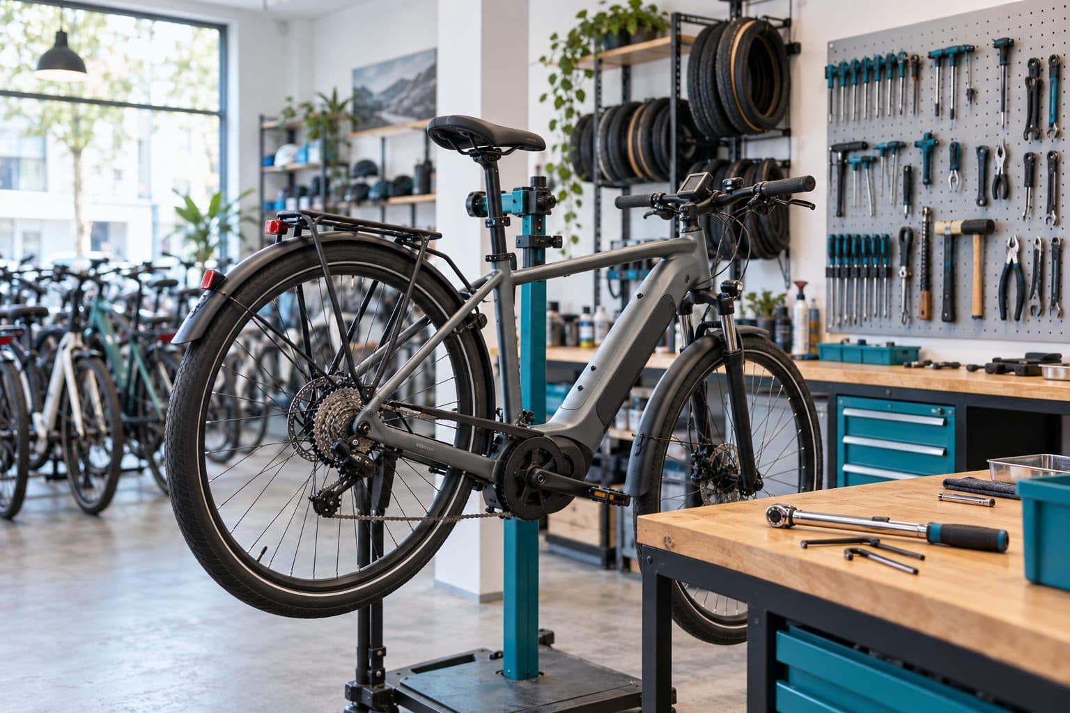 Werkstatt eines Fahrradladens, ein E-Bike hängt im Montageständer